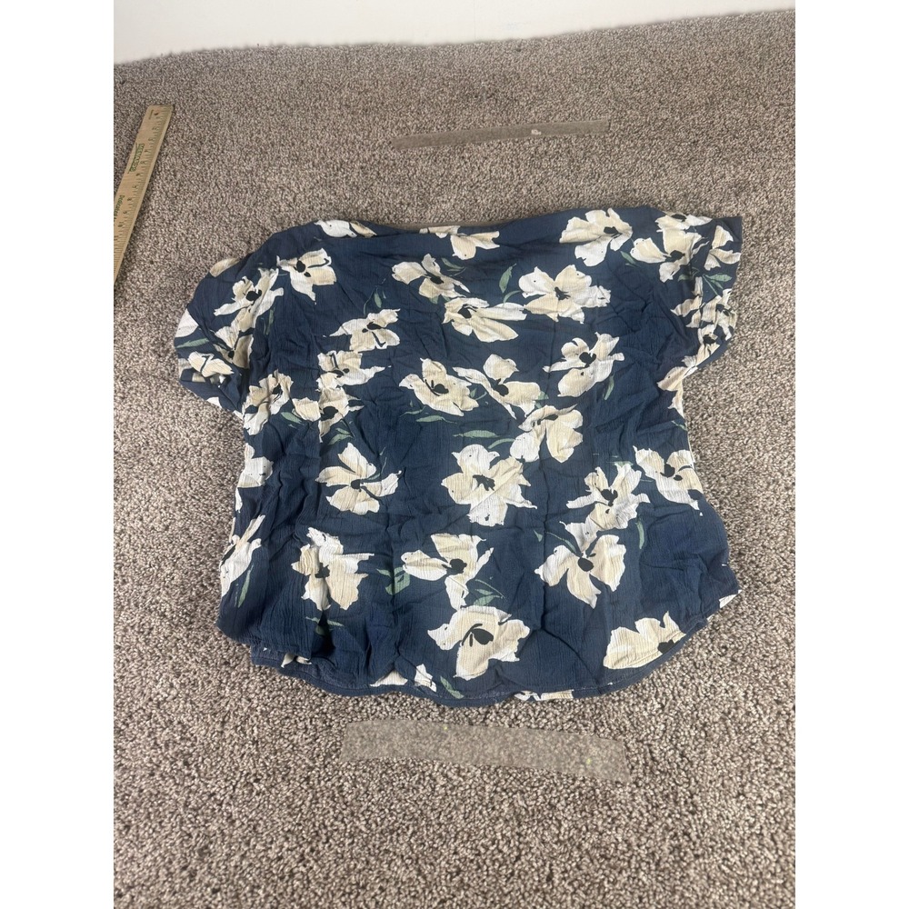 Ann Taylor Factory Floral Rayon Short Sleeve Blouse Top Women's Blue Y2K - M - Picture 5 of 7